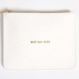Best Day Ever white + gold clutch.